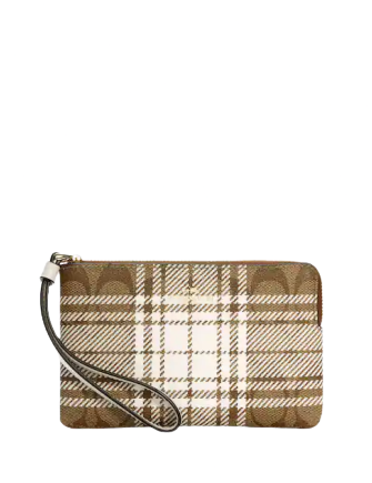 Coach Corner Zip Wristlet In Signature Canvas With Hunting Fishing Plaid Print