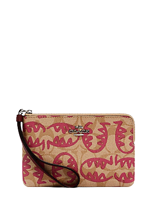 Coach Corner Zip Wristlet In Signature Canvas With Rexy By Guang Yu