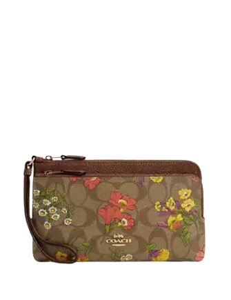 Coach Double Zip Wallet In Signature Canvas With Floral Print