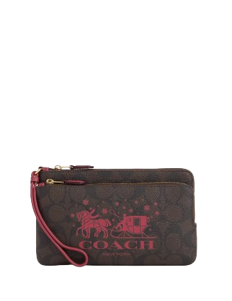 Coach Double Zip Wallet In Signature Canvas With Horse And Sleigh