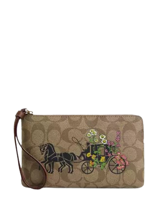 Coach Large Corner Zip Wristlet In Signature Canvas With Floral Horse And Carriage