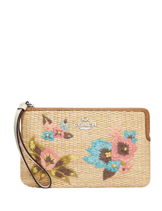 Coach Large Corner Zip Wristlet With Floral Embroidery