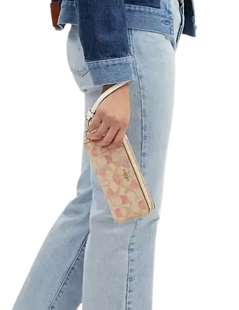 Coach Long Zip Around Wallet In Signature Canvas With Heart Print