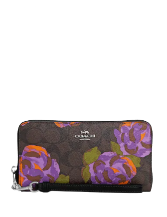 Coach Long Zip Around Wallet In Signature Canvas With Rose Print