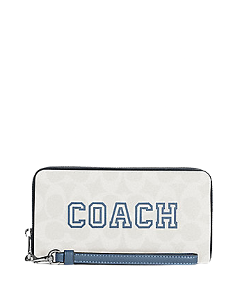 Coach Long Zip Around Wallet In Signature Canvas With Varsity Motif