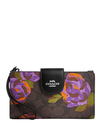 Coach Phone Wallet In Signature Canvas With Rose Print