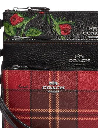 Coach Pouch Trio In Signature Canvas With Vintage Rose Print And Tartan Plaid Print