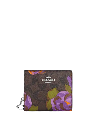 Coach Snap Wallet In Signature Canvas With Rose Print