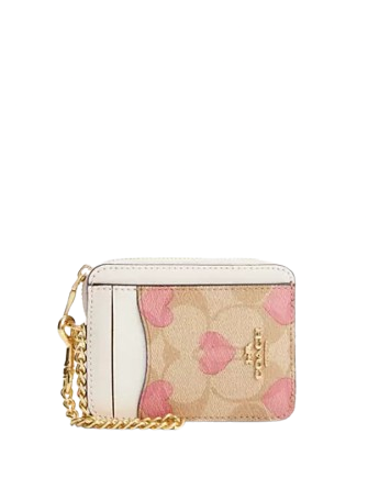 Coach Zip Card Case In Signature Canvas With Heart Print