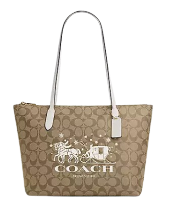 トートバッグ Coach Canvas Tote Bag Coach Zip Top Tote In Signature Canvas With Horse And Sleigh