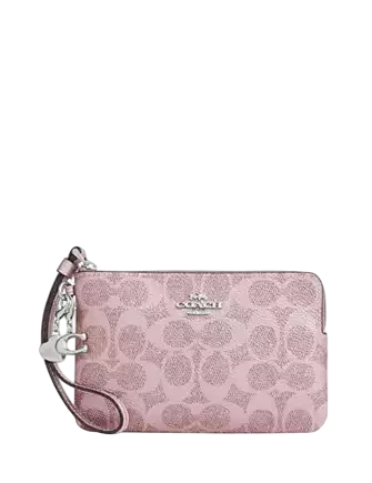 Coach Boxed Corner Zip Wristlet In Signature Canvas With Charms Pink
