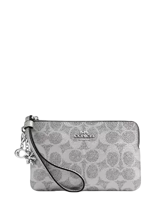 Coach Boxed Corner Zip Wristlet In Signature Canvas With Charms Silver