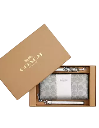 Coach Boxed Long Zip Around Wallet In Signature Canvas Silver