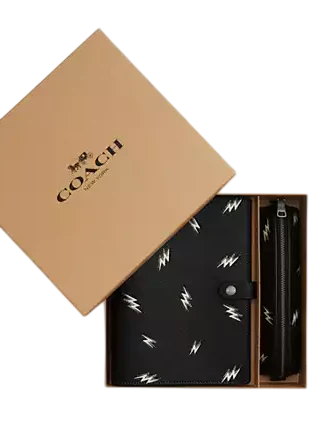 Coach Boxed Notebook And Pencil Case Set With Lightning Bolt Print Black 