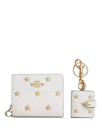 Coach Boxed Snap Wallet And Picture Frame Bag Charm With Star Print Chalk