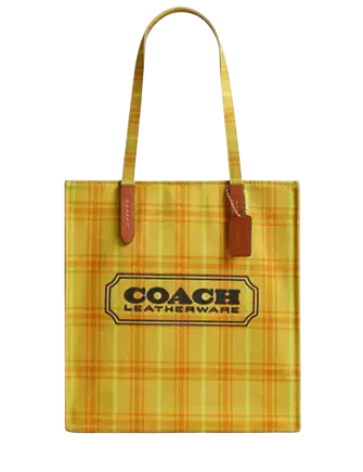 Coach Canvas Tote Bag With Plaid Print Burnished Amber