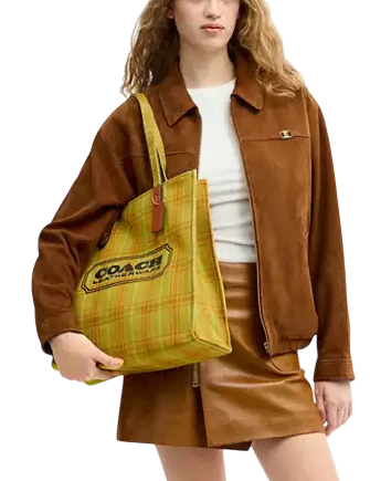 Coach Canvas Tote Bag With Plaid Print Burnished Amber