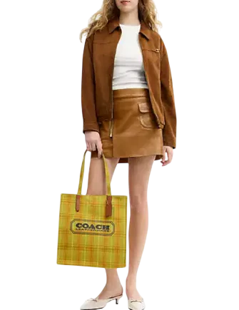 Coach Canvas Tote Bag With Plaid Print Burnished Amber
