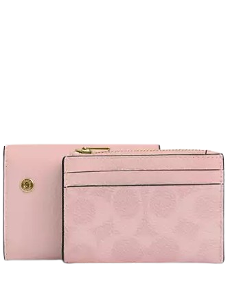 Coach Card Holder Wallet In Signature Canvas Powder Pink 