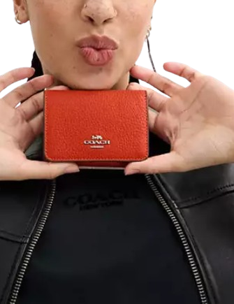 Coach Card Holder Wallet In Signature Canvas Sand Deep Orange