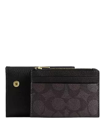 Coach Card Holder Wallet In Signature Canvas Walnut Black