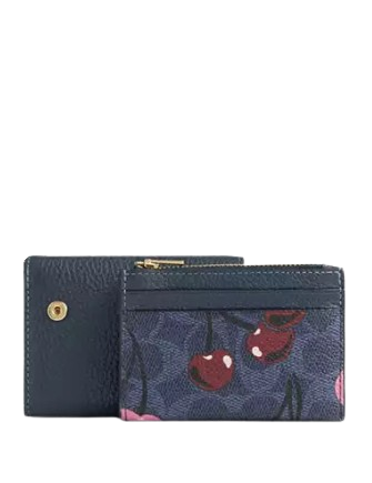 Coach Card Holder Wallet In Signature Canvas With Cherry Print Denim
