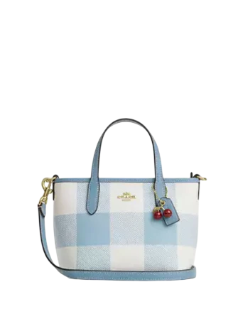Coach City Mini Tote Bag With Gingham Print And Charm Blue