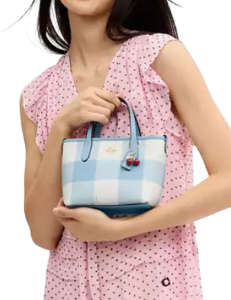 Coach City Mini Tote Bag With Gingham Print And Charm Blue