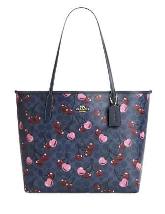 Coach City Tote Bag In Signature Canvas With Cherry Print Denim