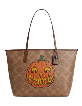 Coach City Tote Bag In Signature Canvas With Halloween Print Tan
