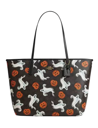 Coach City Tote Bag In Signature Canvas With Halloween Print Walnut