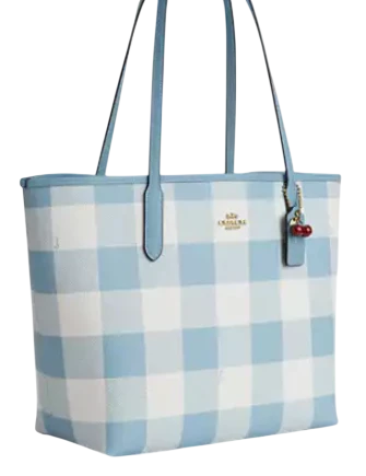Coach City Tote Bag With Gingham Print And Charm Blue