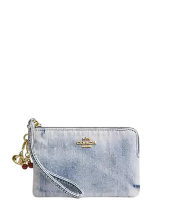 Coach Corner Zip Wristlet In Loved Denim With Charms