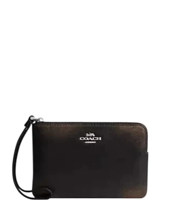 Coach Corner Zip Wristlet In Loved Leather Black Brown