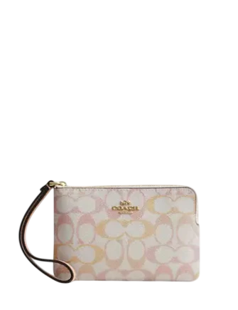 Coach Corner Zip Wristlet In Pretty Signature Canvas Chalk Pink