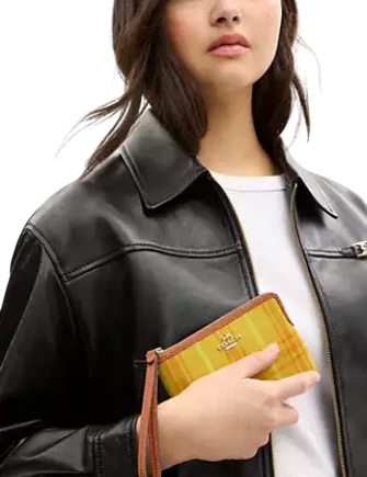 Coach Corner Zip Wristlet In Regenerative Cotton With Plaid Print Burnished Amber