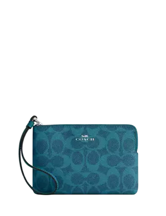 Coach Corner Zip Wristlet In Signature Canvas Aquamarine Teal