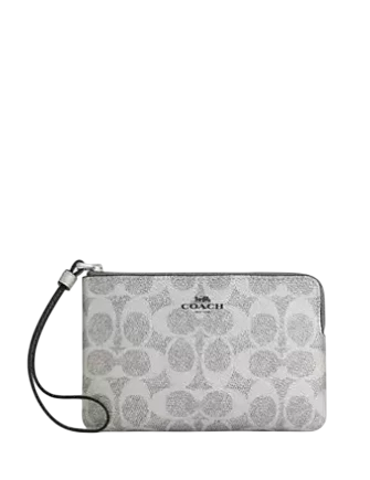 Coach Corner Zip Wristlet In Signature Canvas Gray Silver 