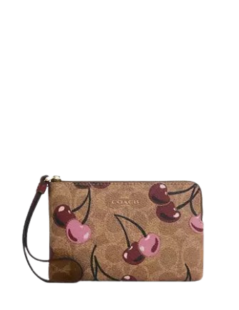 Coach Corner Zip Wristlet In Signature Canvas With Cherry Print Tan