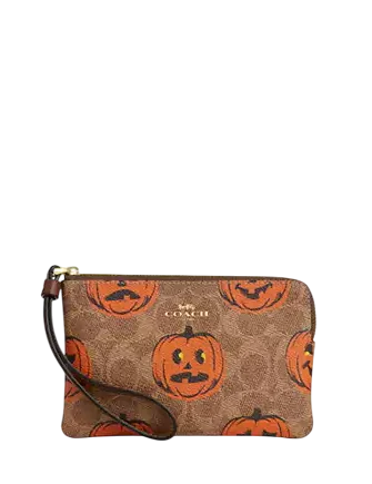 Coach Corner Zip Wristlet In Signature Canvas With Halloween Print Tan