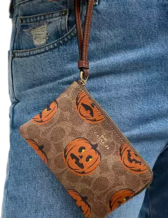 Coach Corner Zip Wristlet In Signature Canvas With Halloween Print Tan