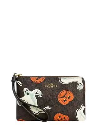 Coach Corner Zip Wristlet In Signature Canvas With Halloween Print  Walnut 