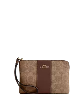 Coach Corner Zip Wristlet In Signature Canvas With Stripe Tan Brown