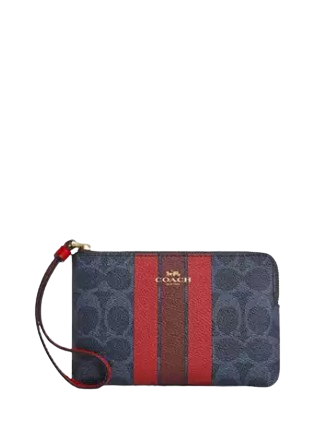Coach Corner Zip Wristlet In Signature Canvas With Varsity Stripe Denim Bold Red
