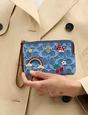 Coach Corner Zip Wristlet In Signature Denim  Indigo 