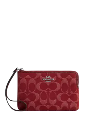 Coach Corner Zip Wristlet In Signature Denim True Red