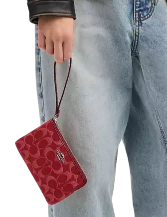 Coach Corner Zip Wristlet In Signature Denim True Red