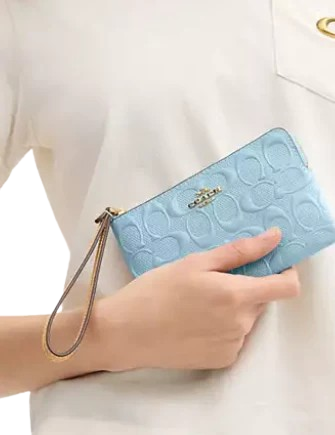 Coach Corner Zip Wristlet In Signature Leather Light Blue