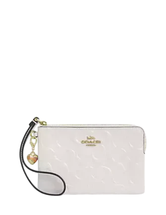 Coach Corner Zip Wristlet In Signature Leather With Heart Charm Chalk