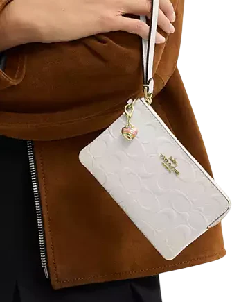 Coach Corner Zip Wristlet In Signature Leather With Heart Charm Chalk